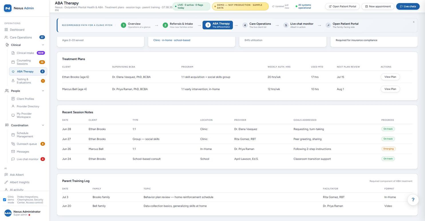ABA therapy management screen