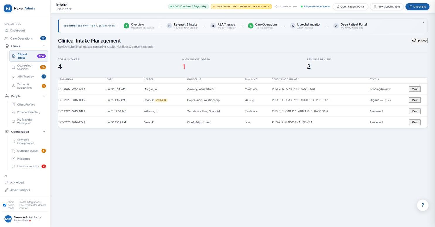 Clinical intake management screen