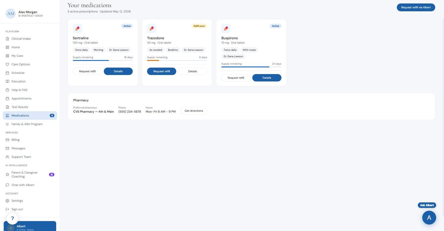 Medications screen with refill tracking