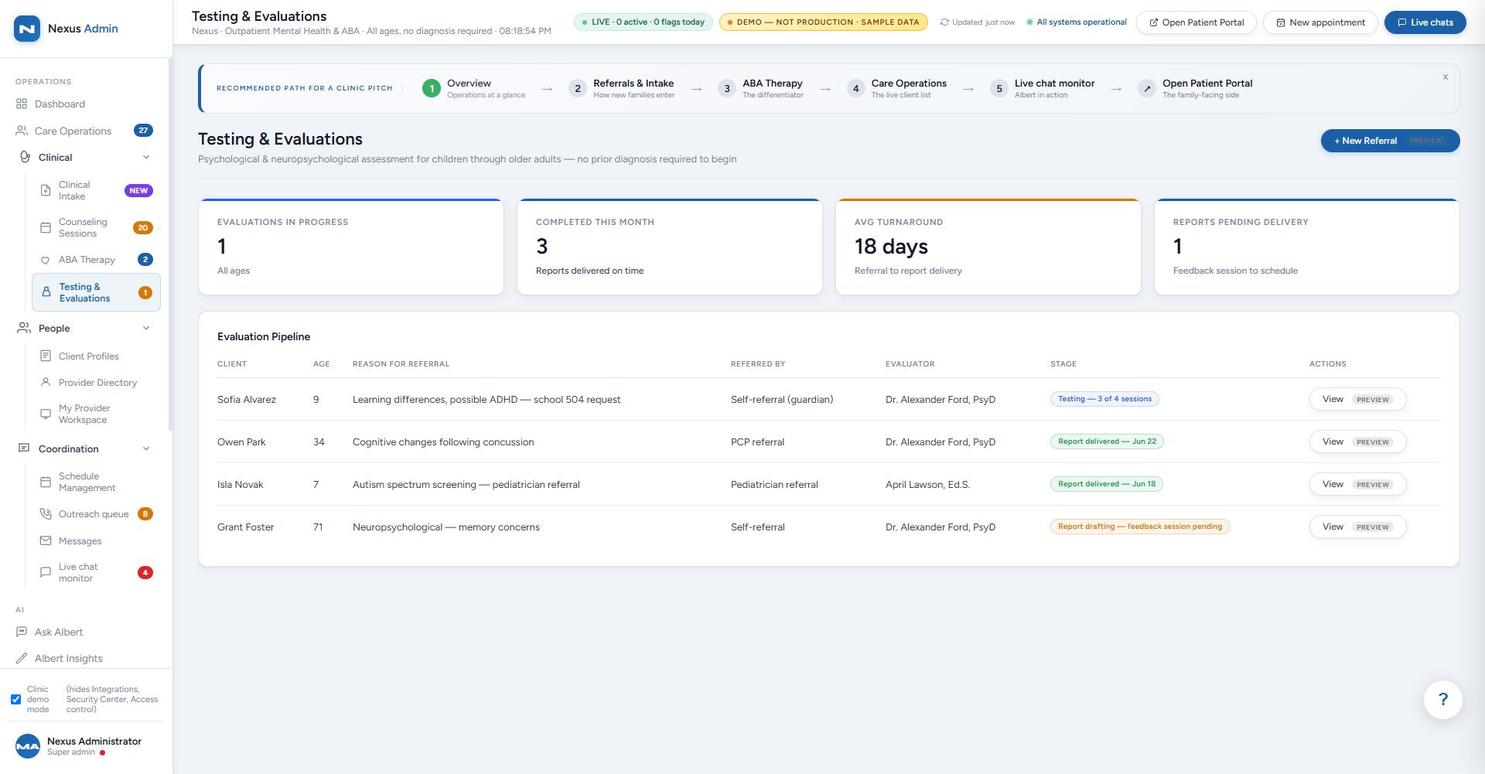 Testing and evaluations screen